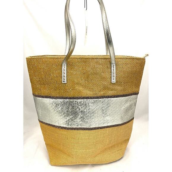New Molly Bracken Burlap + Silver Gold Metallic tote eco shopper bag Beach - Picture 3 of 6